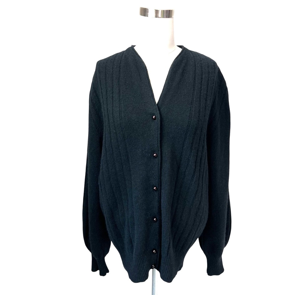Adele Joyce‎ Black Lambswool Angora Sweater Cardigan Women's Size L Buttons FLAW